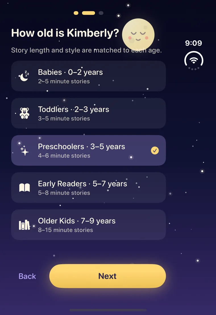 Setup screen asking 'How old is Kimberly?' with five age groups from Babies to Older Kids