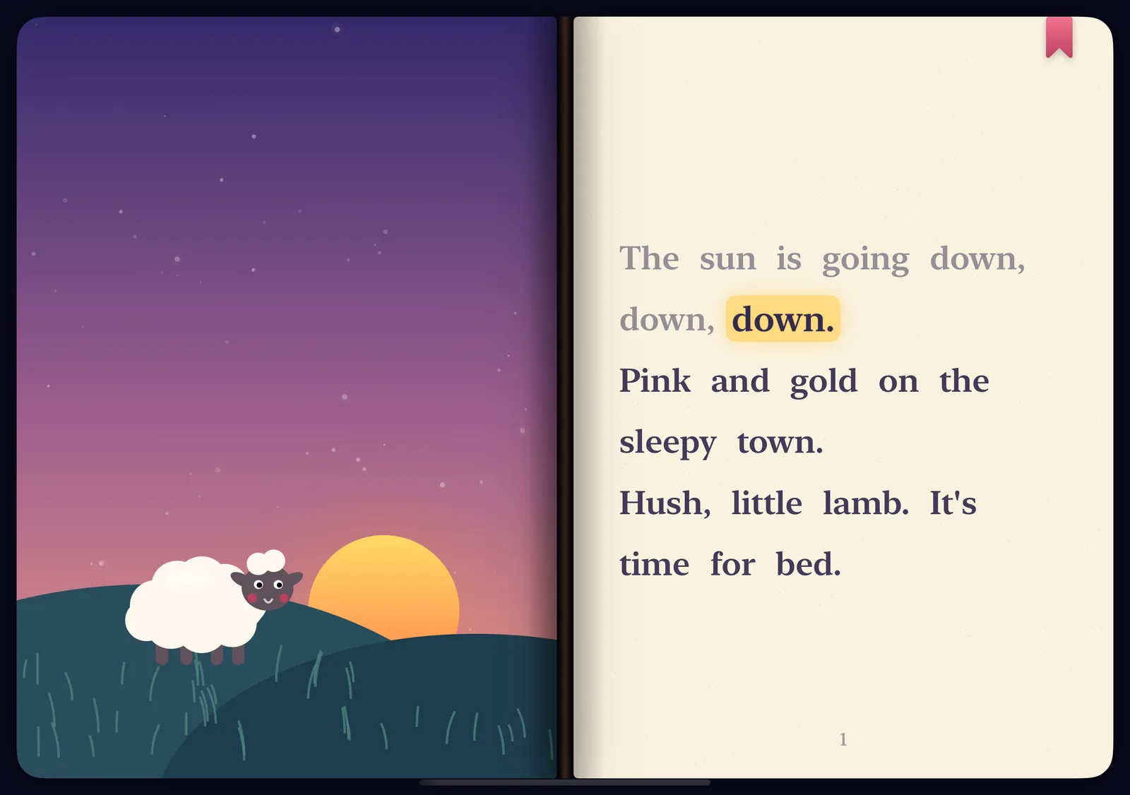 Books Come Alive open on iPhone Duo: a sleepy lamb at sunset on the left page, and on the right page the line 'The sun is going down, down, down' with the word 'down' highlighted